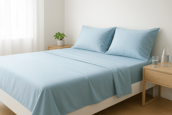 Modern bedroom with smooth, moisture-wicking sheets, a bedside table holding a plant and water carafe.