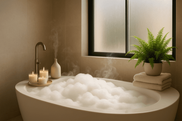Modern freestanding bathtub with thick bubbles, candles, diffuser, sunlight, and lush greenery.