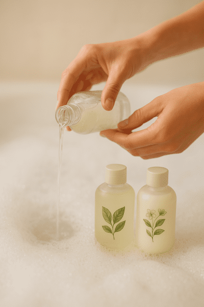 Gentle hands pouring clear bubble bath liquid with botanical ingredient bottles in front.