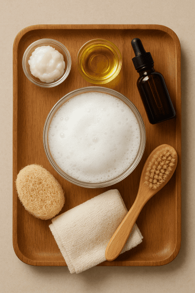 Wooden tray with coconut oil, essential oils, and fluffy bubble bath foam.