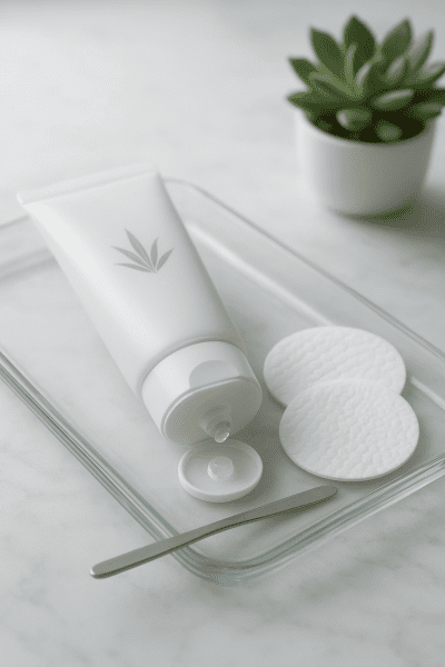 Callus remover gel and medicated pads neatly displayed on a glass tray atop a marble surface.