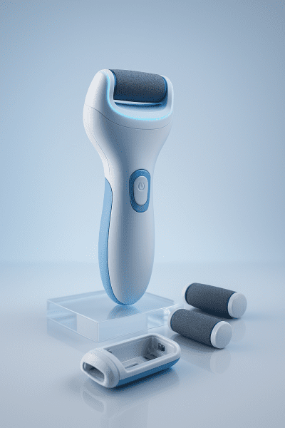 Modern electric callus remover upright with roller heads and battery compartment on a reflective blue-white surface.