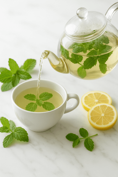 A modern glass teapot pours herbal tea with lemon balm and peppermint into a minimalist teacup, accented by mint and lemon.