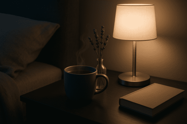 A matte ceramic mug of steaming herbal tea on a bedside table with a book and lavender under a soft lamp.
