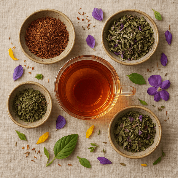 Artisanal bowls of rooibos, passionflower, and holy basil teas with a glass cup of brewed tea on linen, accented by colorful herbs.