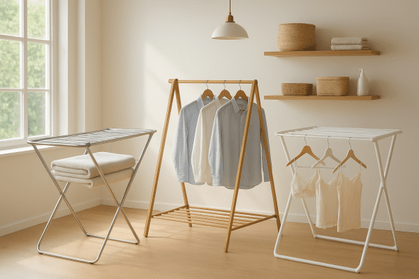 Three drying racks\u2014stainless steel, bamboo, and plastic\u2014arranged in a sunlit, stylish laundry room.