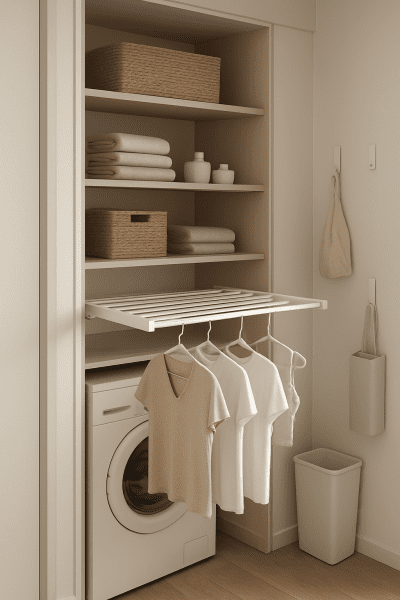 A vertical shelving unit with an integrated pull-out drying rack, organized in a minimalist apartment laundry nook.