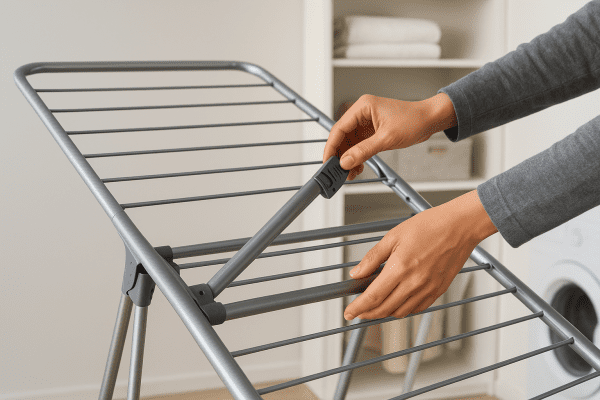 Hands folding and adjusting the height of a modern drying rack in a spotless laundry room.