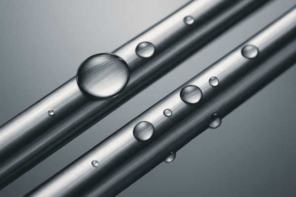Close-up of water droplets rolling off coated metal drying rods, illustrating rust resistance.