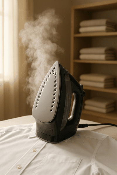 A premium steam iron gliding over a cotton dress shirt, emitting even steam in a sunlit laundry room.