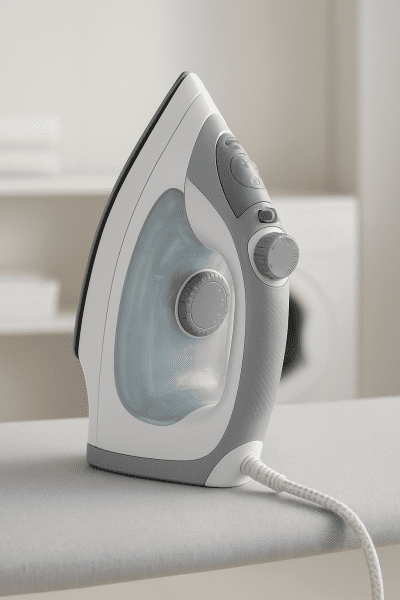 Modern iron upright on board, showing ergonomic handle and clear control dials in a bright laundry room.