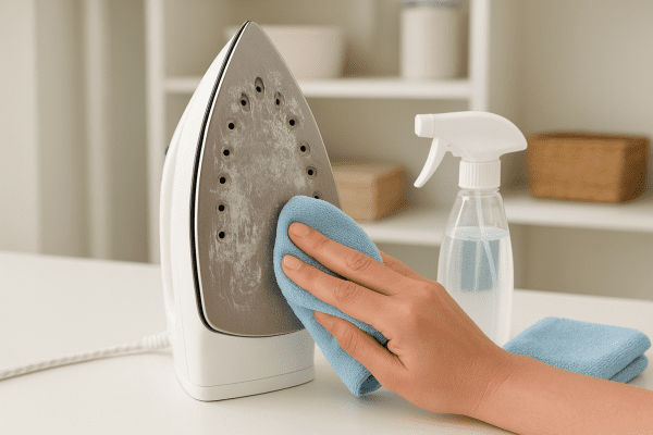 A hand gently cleans an iron's soleplate with a microfiber cloth and cleaner on a tidy utility counter.