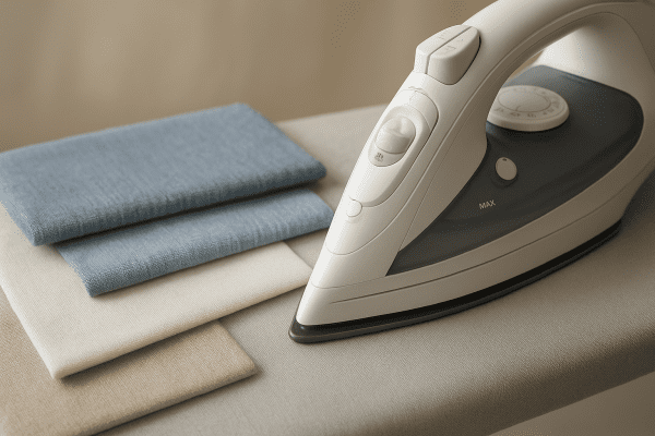 Swatches of cotton, linen, and polyester on an ironing board with a modern iron and clear control dials.