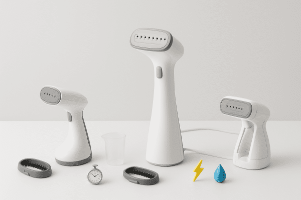 Handheld, upright, and travel clothes steamers with accessories and efficiency props on a modern surface.