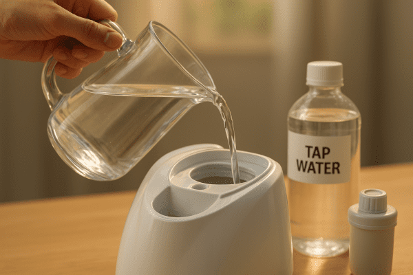 Distilled water being poured into a clothes steamer tank, tap water and descaler cartridge nearby.