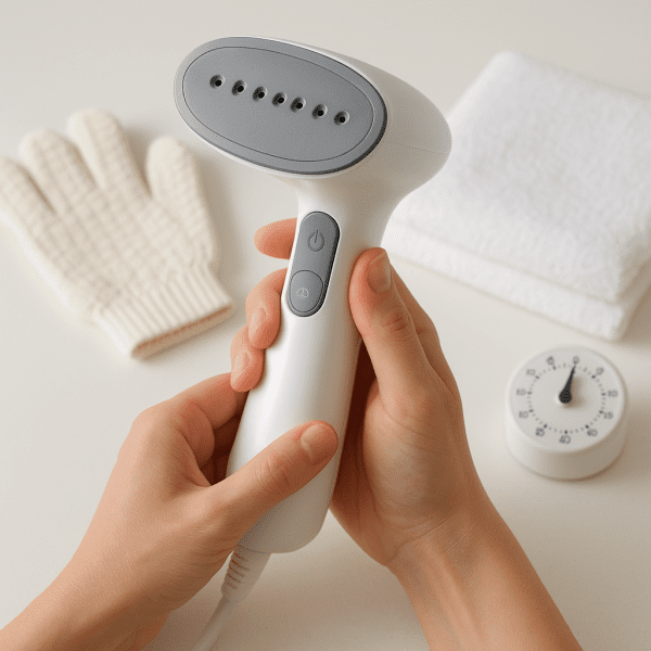 Hands safely holding a clothes steamer nozzle, with safety glove, towel, and timer in view.
