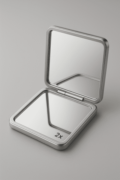 Premium stainless steel and acrylic compact mirror open to display both magnified and regular sides on a clean gray background.