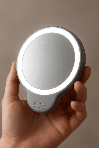 Hand holding an LED-lit compact mirror, with illuminated rim and clear reflection against a softly blurred background.