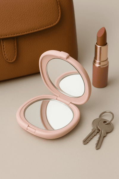 Compact mirror with pastel case and locking clasp, arranged neatly with purse, lipstick, and keys for scale.