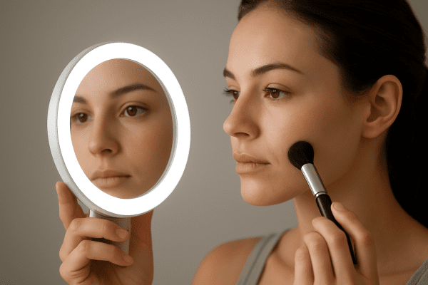 User applying makeup with face softly illuminated by an LED compact mirror, reflection is clear and detailed.