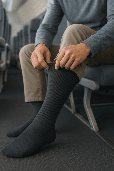 Traveler in airplane aisle adjusts ribbed compression socks, cushioned soles and seamless toes visible, with ergonomic features highlighted.