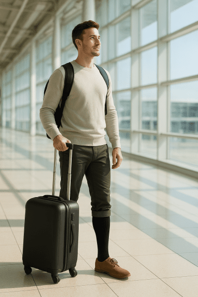 Traveler stands confidently in a bright airport terminal with compression socks visible below their pants and a suitcase in hand.