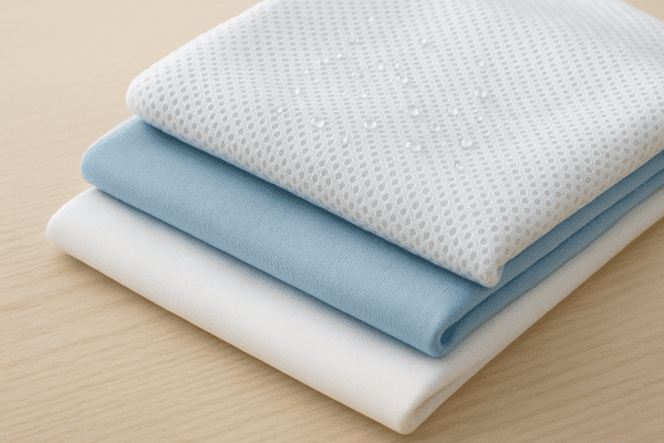 Cooling mesh and bamboo pillow covers with water droplets, layered on pale wood.