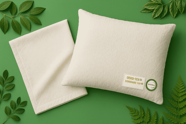 Eco-friendly cooling pillow with certification tags, surrounded by foliage on a green backdrop.