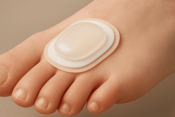 Macro shot showing a layered corn pad cushioning the skin of a healthy foot.