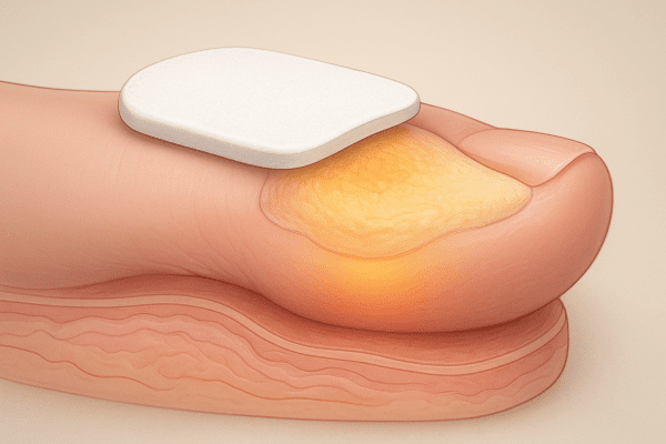 Detailed cross-section illustration of a corn pad releasing salicylic acid into thickened skin.