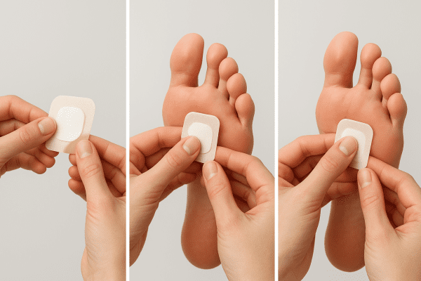 Three-panel sequence of hands applying a self-adhesive corn pad to a clean foot.