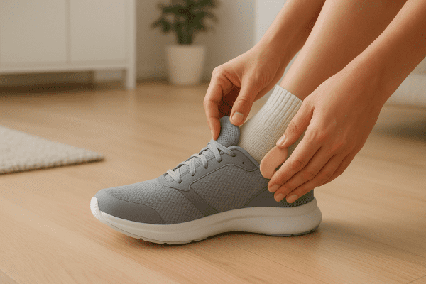Feet with corn pads slipping into comfortable sneakers, suggesting prevention and daily care.
