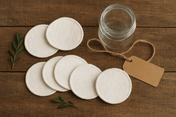 Plastic-free reusable cotton pads with glass jar, jute string, and green sprigs on reclaimed wood.