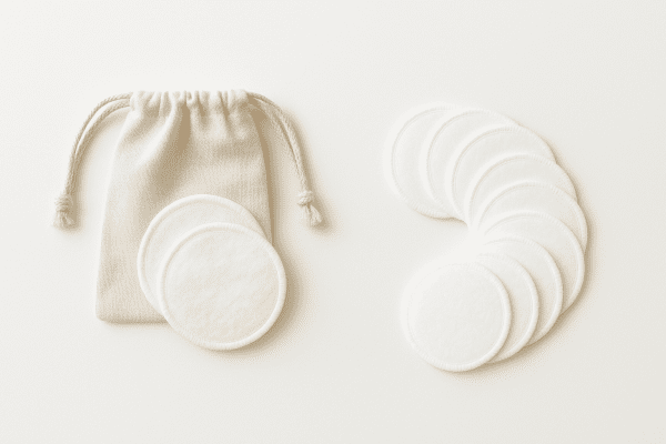 Symmetrical layout of reusable and disposable cotton pads on a matte white background with a drawstring pouch.