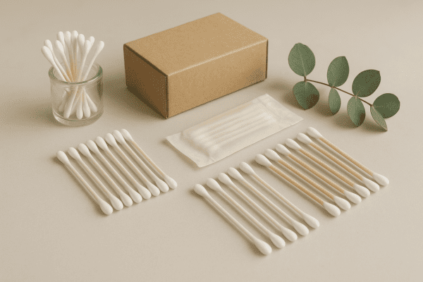 Cotton swabs made from paper, biodegradable plastic, and bamboo, arranged with eco-friendly packaging and a eucalyptus accent.