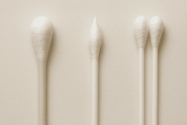 Macro shot of cotton swab tips in rounded, pointed, and double-ended forms with stems of different thicknesses.