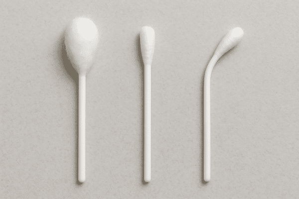 Three cotton swabs displaying differences in softness, linting, and flexibility on a stone-like surface.
