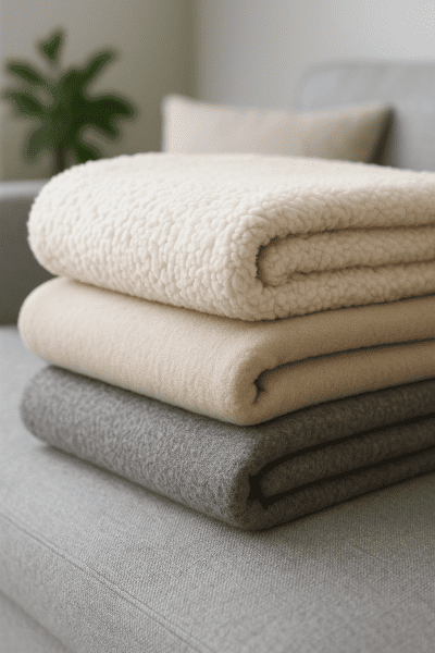Close-up of plush, fleece, and wool blankets stacked on a modern sofa, each showing unique texture.