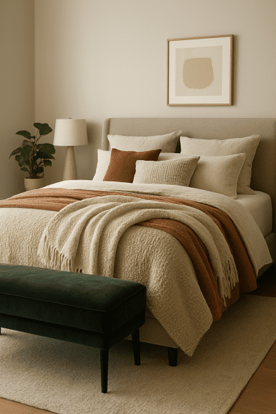 A bed with multiple layered blankets and decorative pillows, creating an inviting designer bedroom.