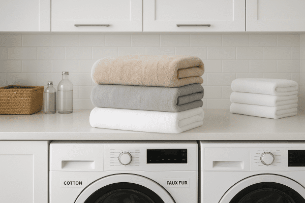 Cotton, faux fur, and microfiber blankets folded in a pristine laundry room, care labels showing.