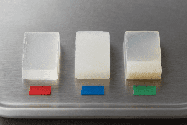 Macro image of thermoplastic, silicone, and dual-layered dental guard samples, separated on a sterile metal tray.