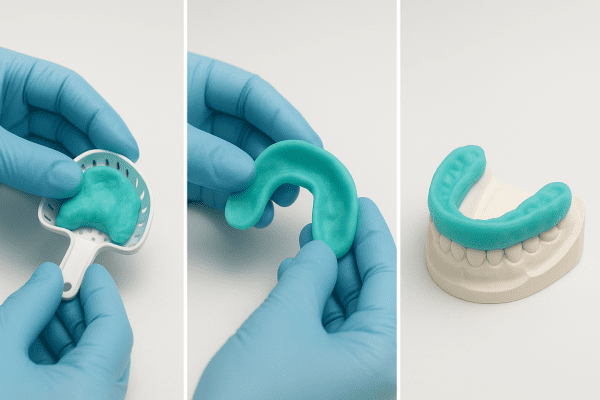 Three stages of custom dental guard fitting, from impression to molding to placement on a model.