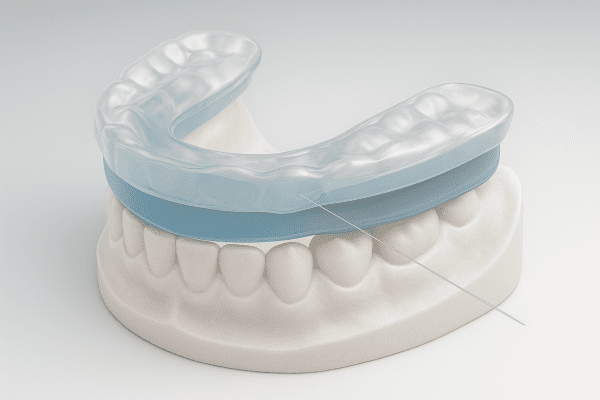 Close-up cutaway of a dental night guard, layers and ergonomic support visible on a dental model.