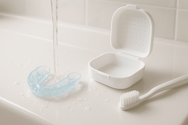 Dental guard being rinsed under running water, storage case and toothbrush arranged neatly on a spotless bathroom counter.