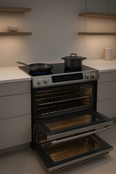 Double oven induction range with illuminated touch controls and cookware, centered in a minimalist modern kitchen.