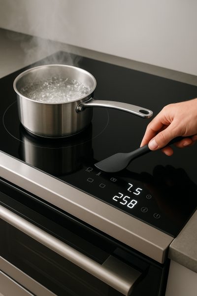 Induction cooktop displaying energy efficiency icons, saucepan boiling, and a hand adjusting settings with a spatula.