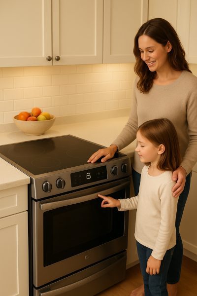 Double oven induction range with child lock and shut-off indicators, parent and child interacting in a safe kitchen.