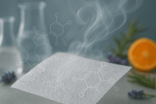 Macro of a dryer sheet's fibrous surface with molecular diagrams and scent vapor overlay, blurred lab and botanicals behind.