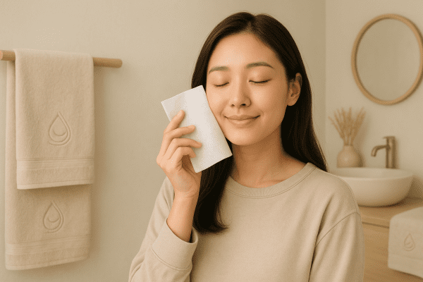 Person with sensitive skin holding an unscented dryer sheet close to their face in a soft, hypoallergenic bathroom.