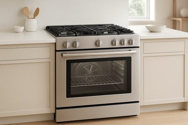A contemporary dual fuel range in a luxury kitchen with spotless stainless steel and advanced cooking features.